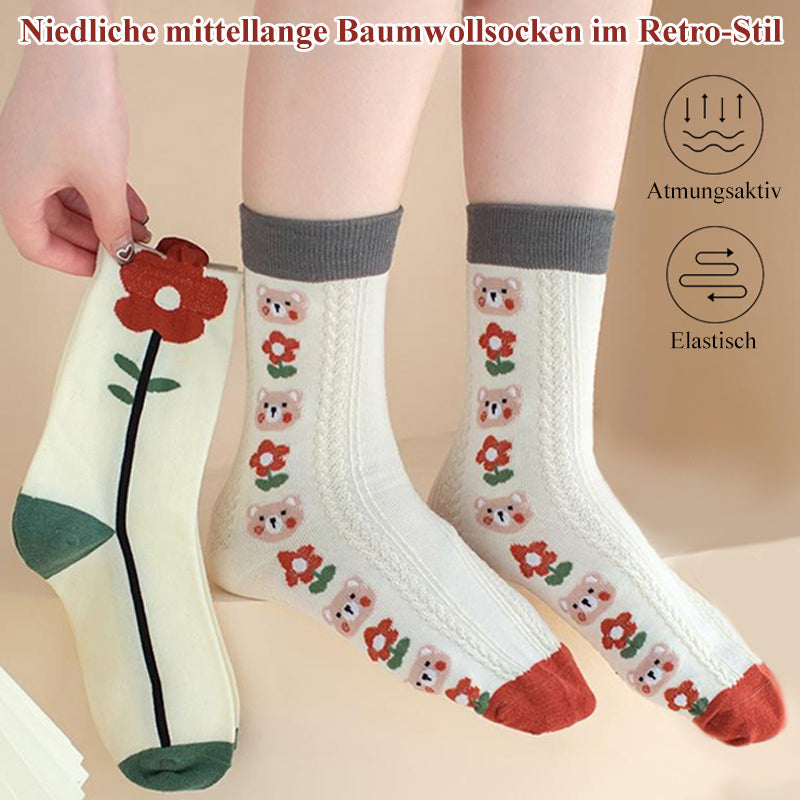 Niedliche mittellange Baumwollsocken im Retro-Stil (5 Paar)